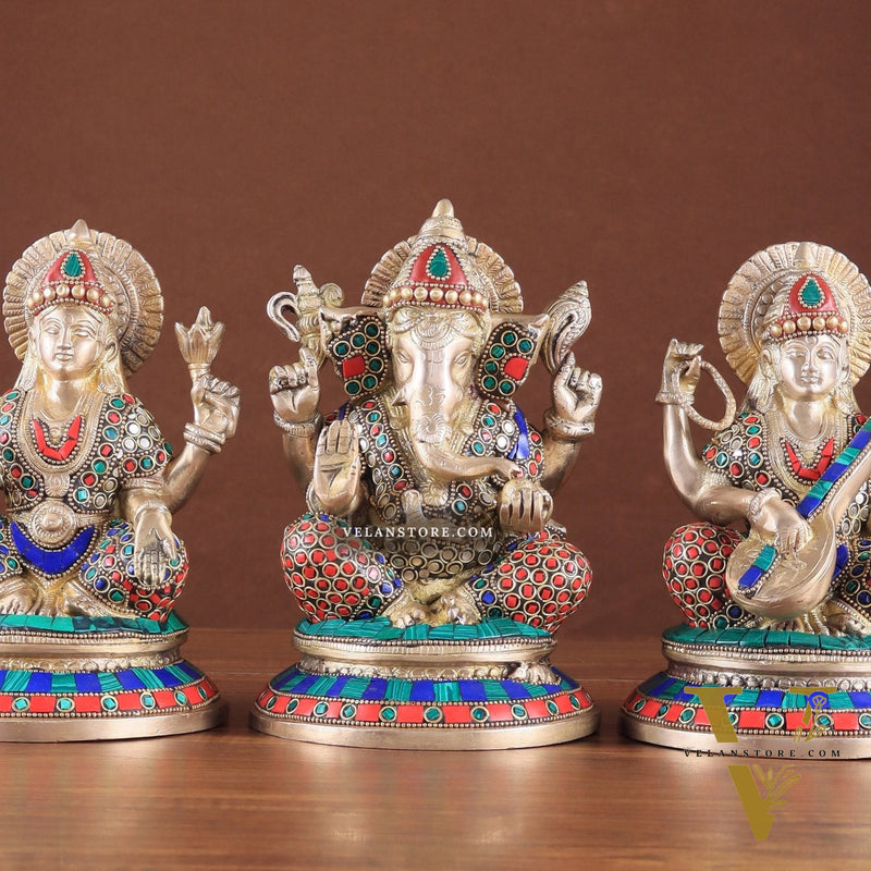 Exquisite Brass Ganesha, Lakshmi, Saraswati Idol Set with Stonework 8"
