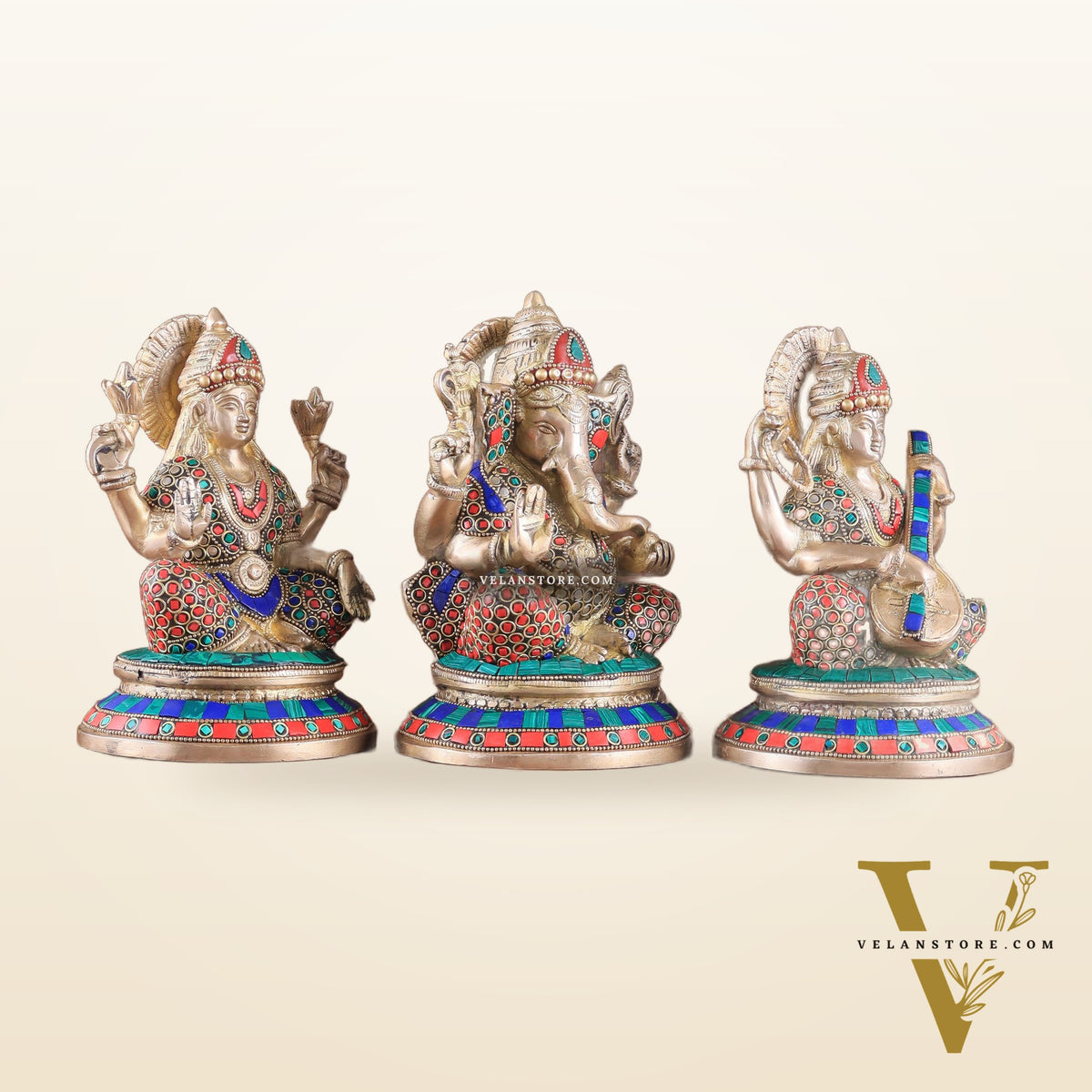 Exquisite Brass Ganesha, Lakshmi, Saraswati Idol Set with Stonework 8"