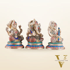 Exquisite Brass Ganesha, Lakshmi, Saraswati Idol Set with Stonework 8"