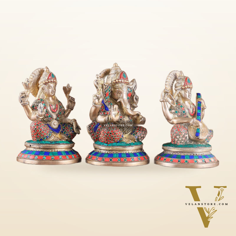 Exquisite Brass Ganesha, Lakshmi, Saraswati Idol Set with Stonework 8"