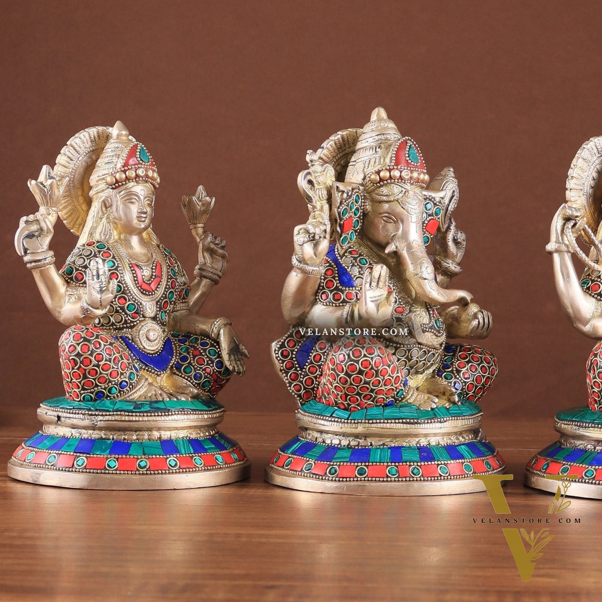 Exquisite Brass Ganesha, Lakshmi, Saraswati Idol Set with Stonework 8"