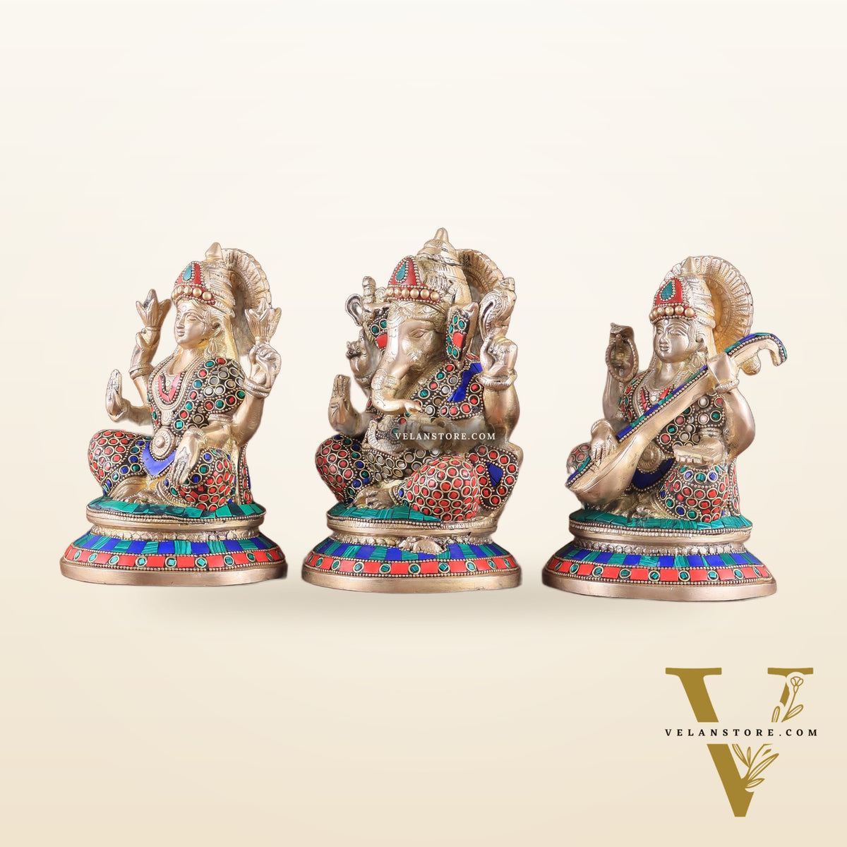 Exquisite Brass Ganesha, Lakshmi, Saraswati Idol Set with Stonework 8"
