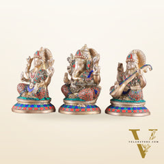 Exquisite Brass Ganesha, Lakshmi, Saraswati Idol Set with Stonework 8"