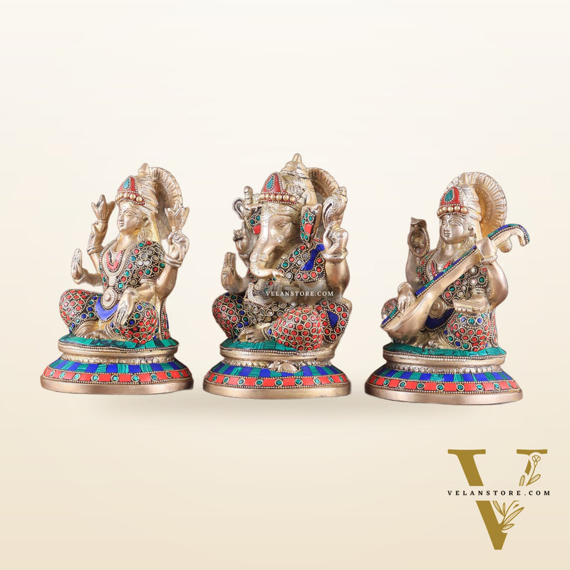 Exquisite Brass Ganesha, Lakshmi, Saraswati Idol Set with Stonework 8"