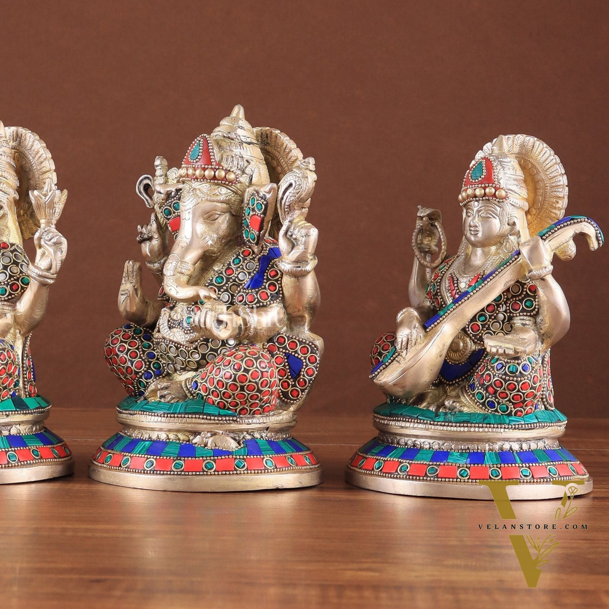 Exquisite Brass Ganesha, Lakshmi, Saraswati Idol Set with Stonework 8"
