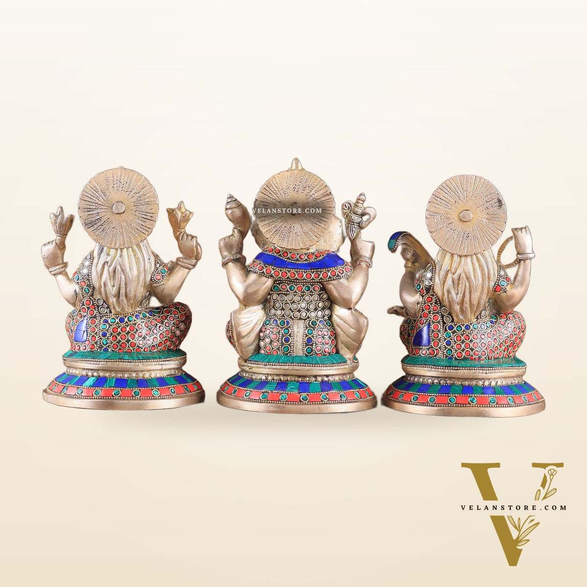 Exquisite Brass Ganesha, Lakshmi, Saraswati Idol Set with Stonework 8"
