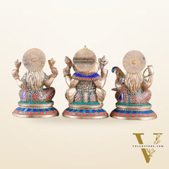 Exquisite Brass Ganesha, Lakshmi, Saraswati Idol Set with Stonework 8"