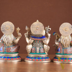 Exquisite Brass Ganesha, Lakshmi, Saraswati Idol Set with Stonework 8"