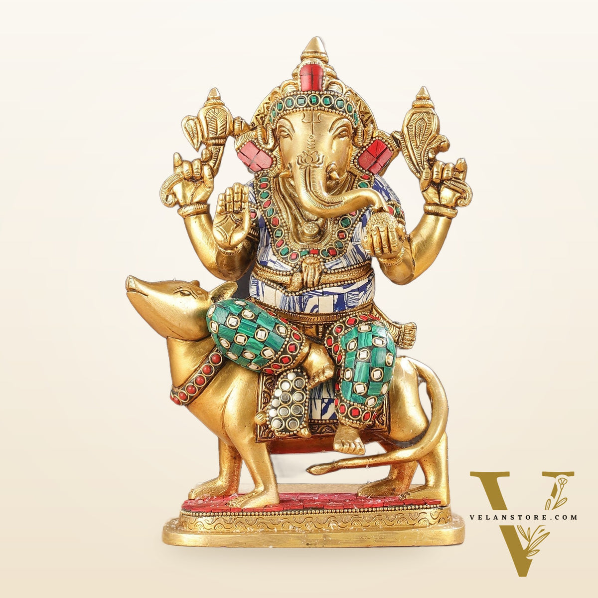 Exquisite Brass Ganesha on Mouse Idol with Meenakari | 10"
