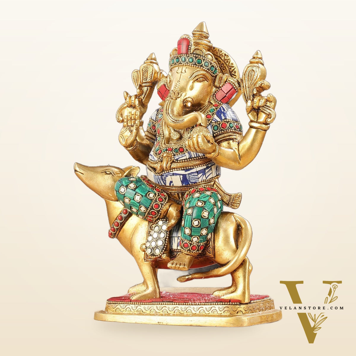Exquisite Brass Ganesha on Mouse Idol with Meenakari | 10"