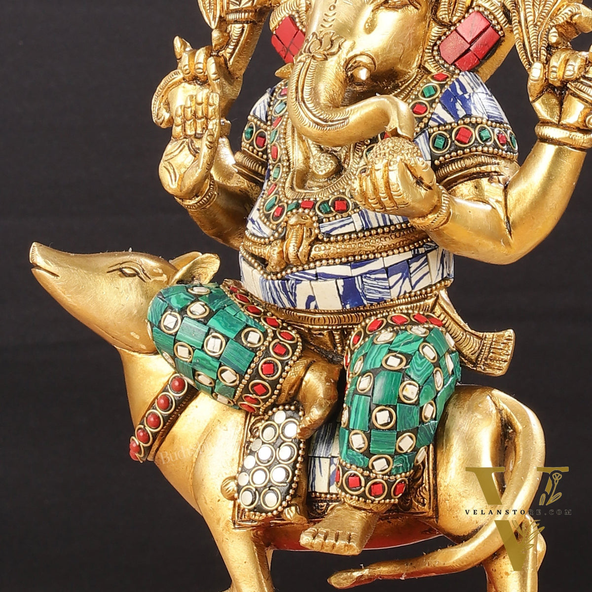 Exquisite Brass Ganesha on Mouse Idol with Meenakari | 10"