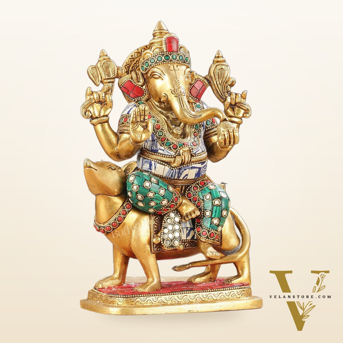 Exquisite Brass Ganesha on Mouse Idol with Meenakari | 10"