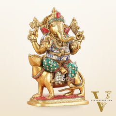 Exquisite Brass Ganesha on Mouse Idol with Meenakari | 10"