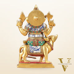 Exquisite Brass Ganesha on Mouse Idol with Meenakari | 10"