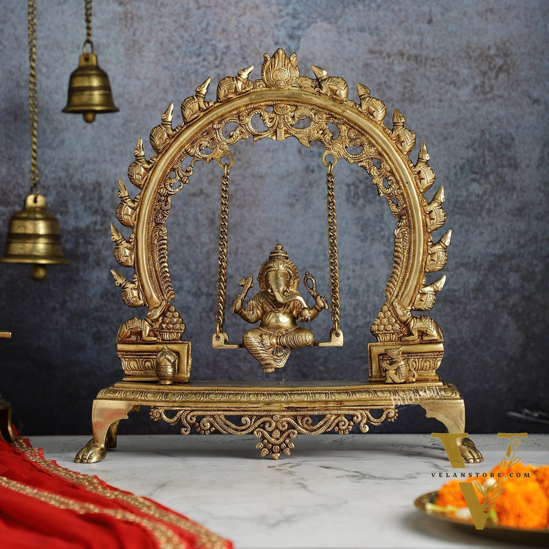 Exquisite Brass Ganesha swing with Mouse Frame | 16" Height | Handcrafted