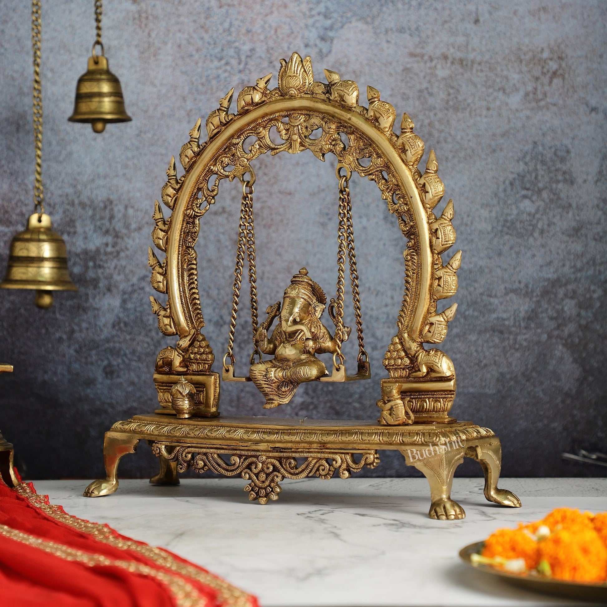 Exquisite Brass Ganesha swing with Mouse Frame | 16" Height | Handcrafted