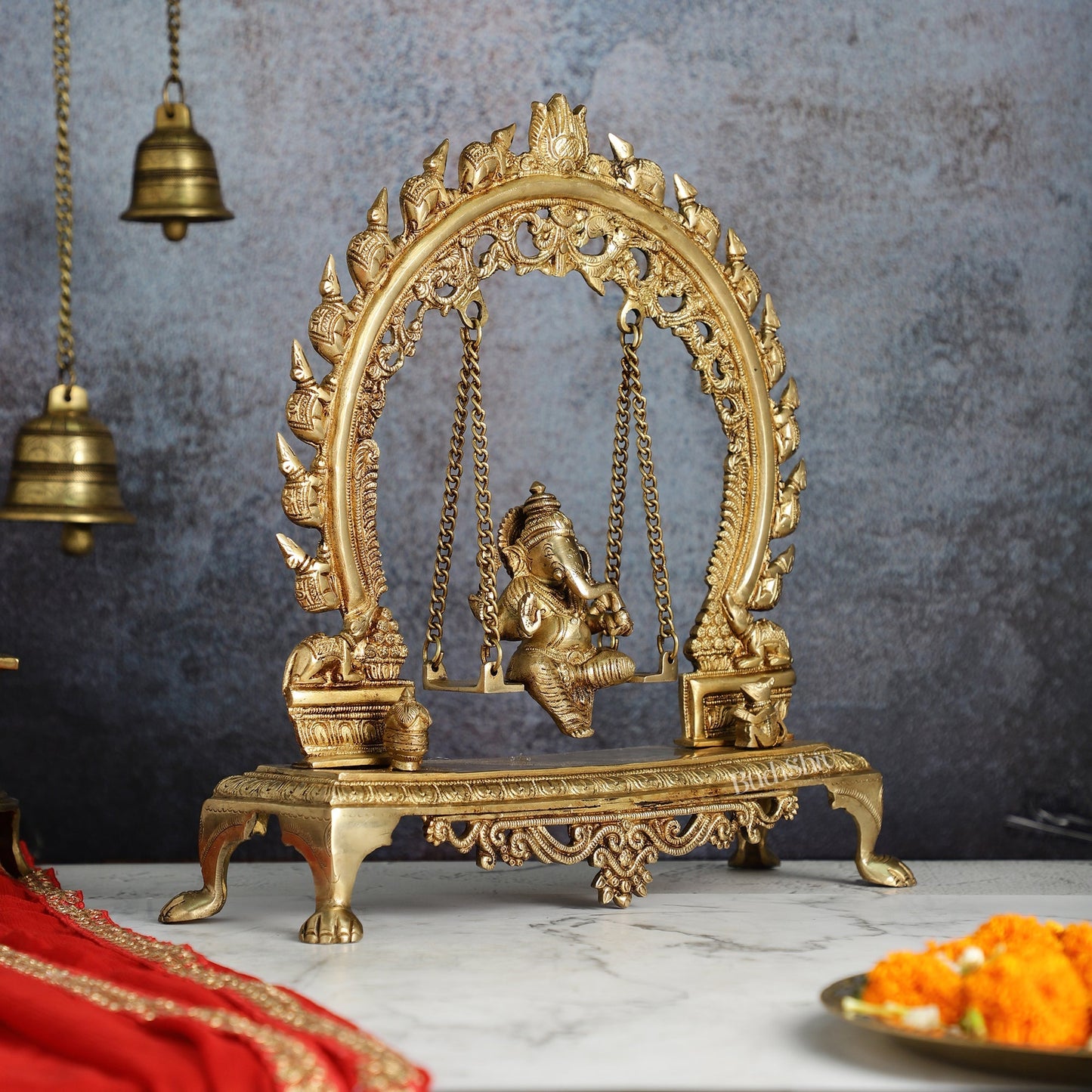 Exquisite Brass Ganesha swing with Mouse Frame | 16" Height | Handcrafted
