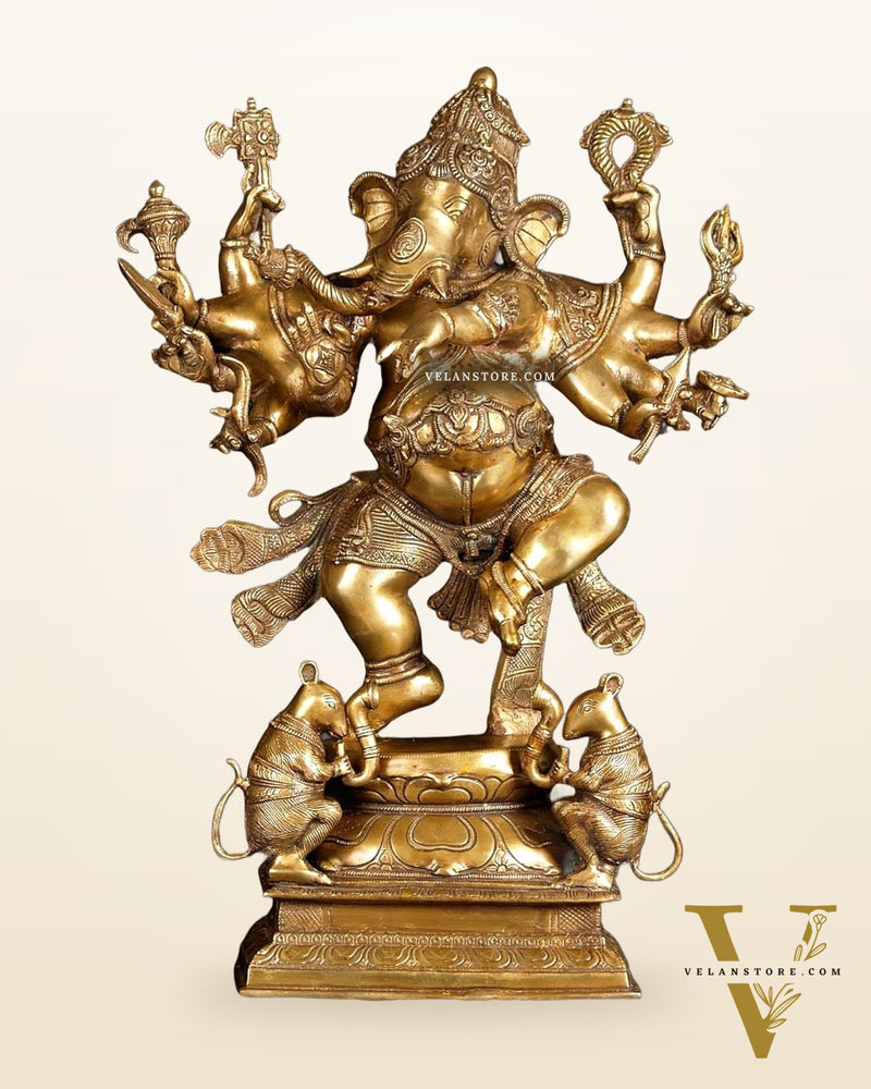 Exquisite Brass Handcrafted Dancing Ganesha Statue | Ten arms 26"