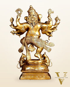 Exquisite Brass Handcrafted Dancing Ganesha Statue | Ten arms 26"