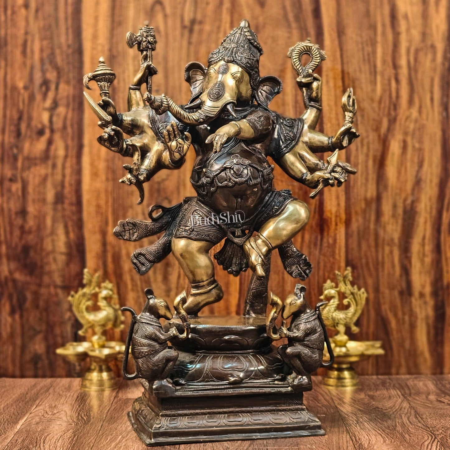 Handcrafted Large Brass Dancing Ganesha Statue - Antique Chola Bronze Finish