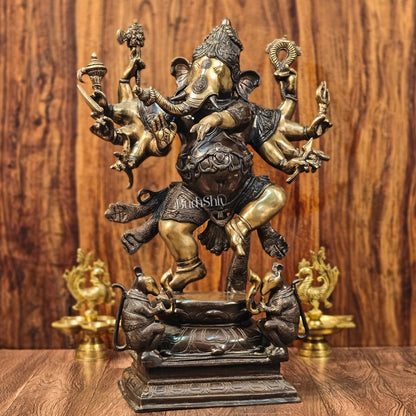 Handcrafted Large Brass Dancing Ganesha Statue - Antique Chola Bronze Finish