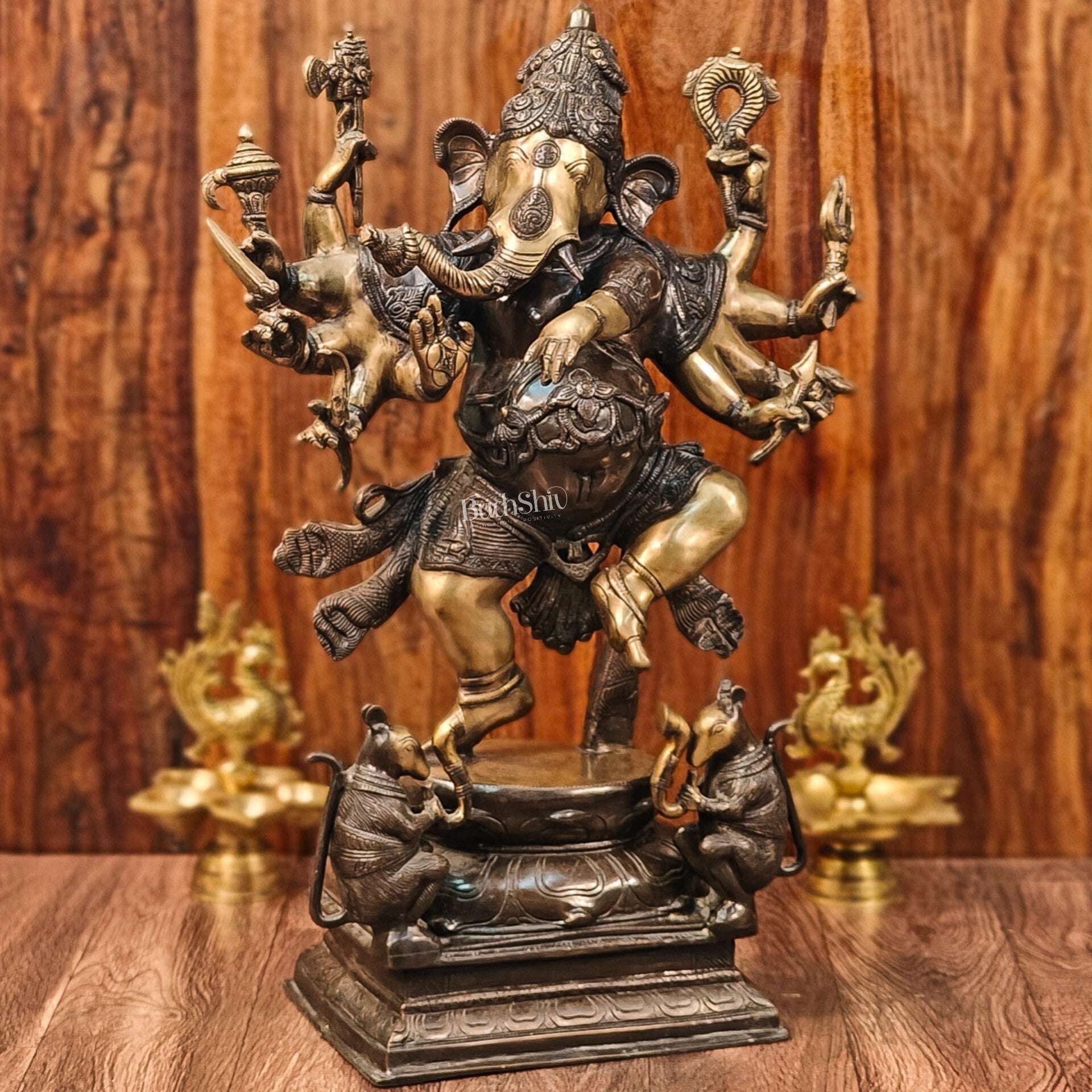 Handcrafted Large Brass Dancing Ganesha Statue - Antique Chola Bronze Finish