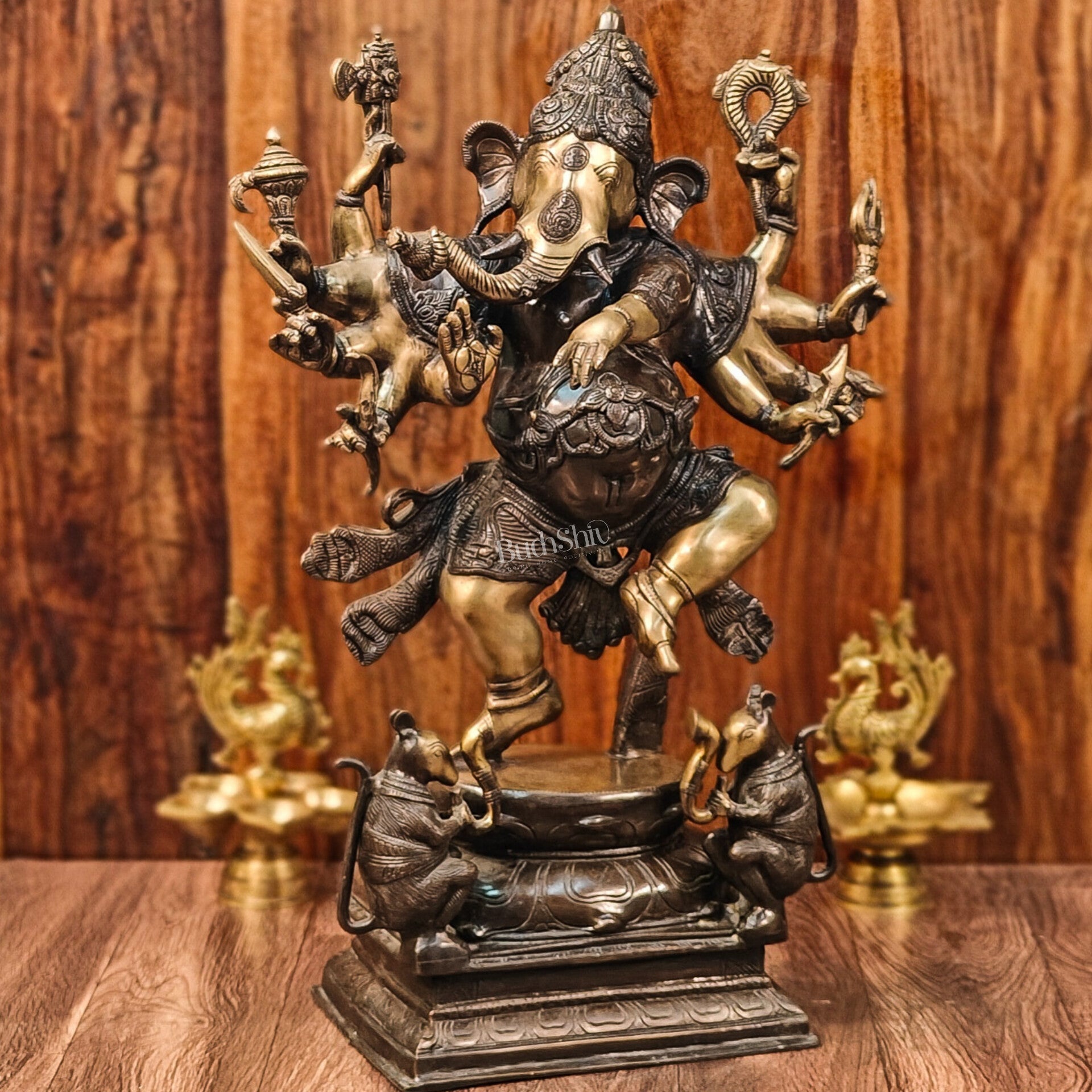 Handcrafted Large Brass Dancing Ganesha Statue - Antique Chola Bronze Finish