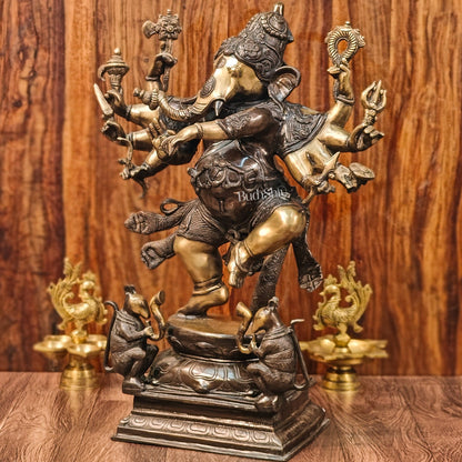Handcrafted Large Brass Dancing Ganesha Statue - Antique Chola Bronze Finish