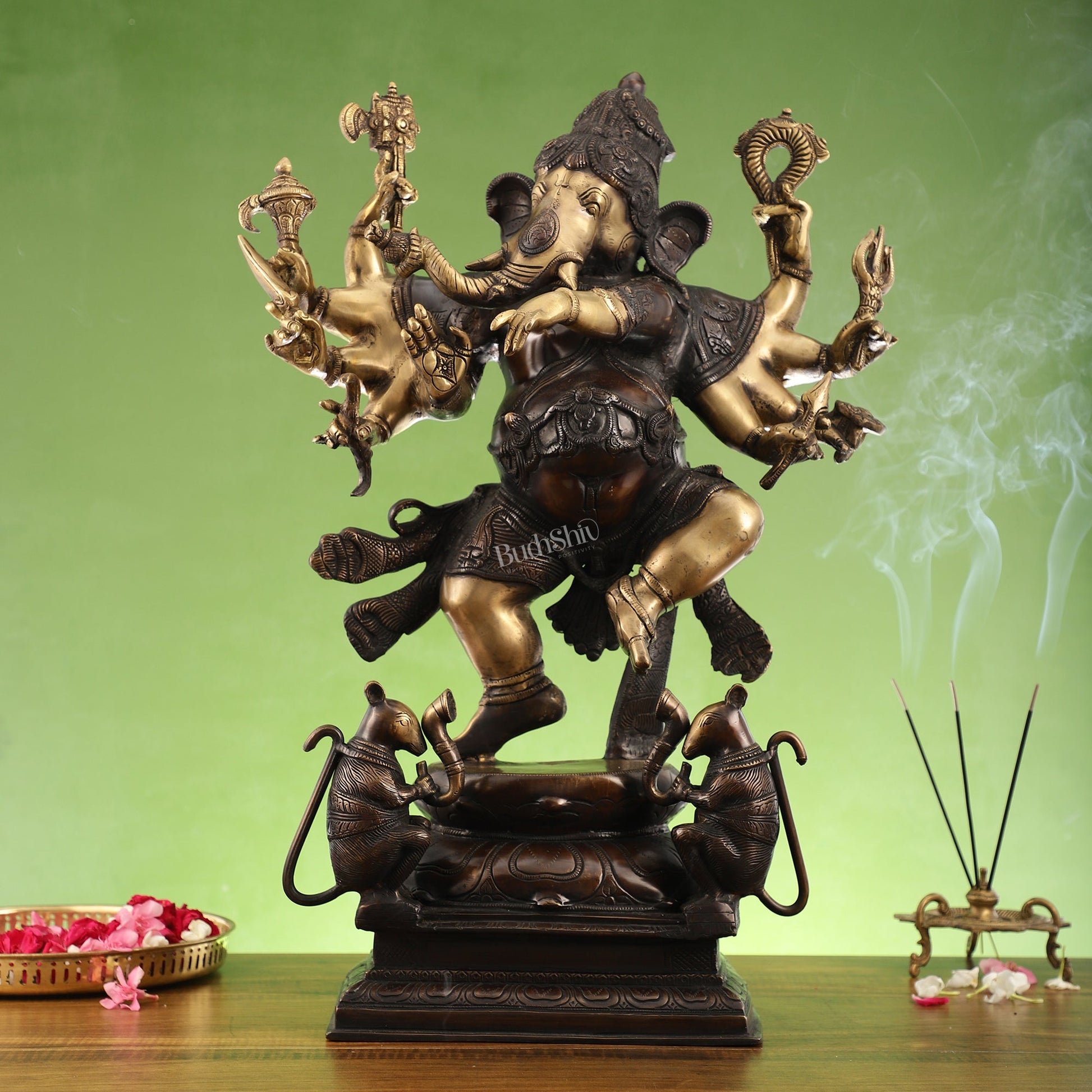 Hoysala Style Brass Dancing Ganesha Statue - 26x18x9 Inches, Antique Chola Bronze Finish