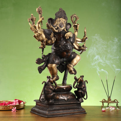 Hoysala Style Brass Dancing Ganesha Statue - 26x18x9 Inches, Antique Chola Bronze Finish