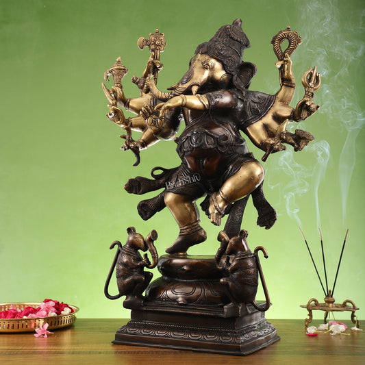 Hoysala Style Brass Dancing Ganesha Statue - 26x18x9 Inches, Antique Chola Bronze Finish