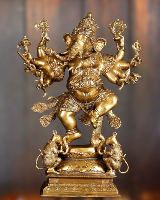 Exquisite Brass Handcrafted Dancing Ganesha Statue | Ten arms 26"