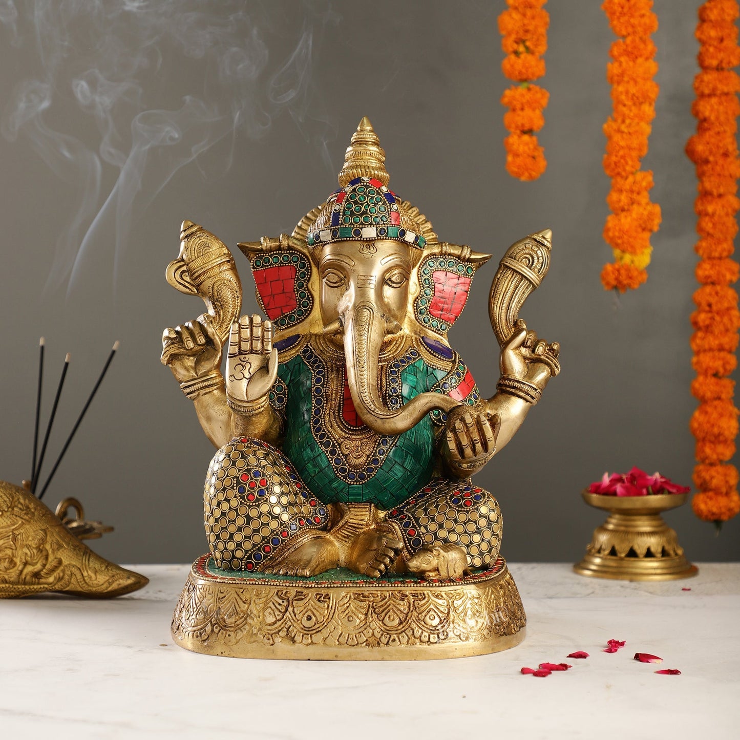 Brass Handcrafted Lord Ganesha Statue with Stonework | 15" Height