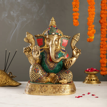 Brass Handcrafted Lord Ganesha Statue with Stonework | 15" Height
