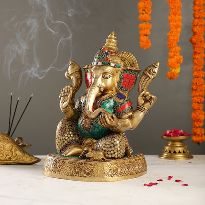 Brass Handcrafted Lord Ganesha Statue with Stonework | 15" Height