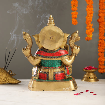 Brass Handcrafted Lord Ganesha Statue with Stonework | 15" Height