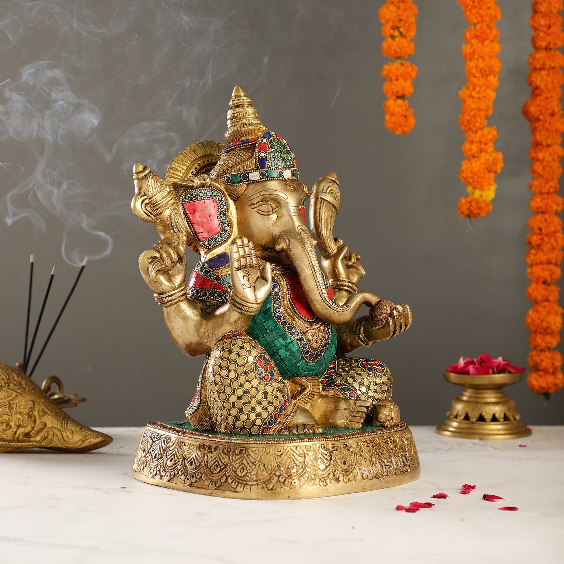 Brass Handcrafted Lord Ganesha Statue with Stonework | 15" Height