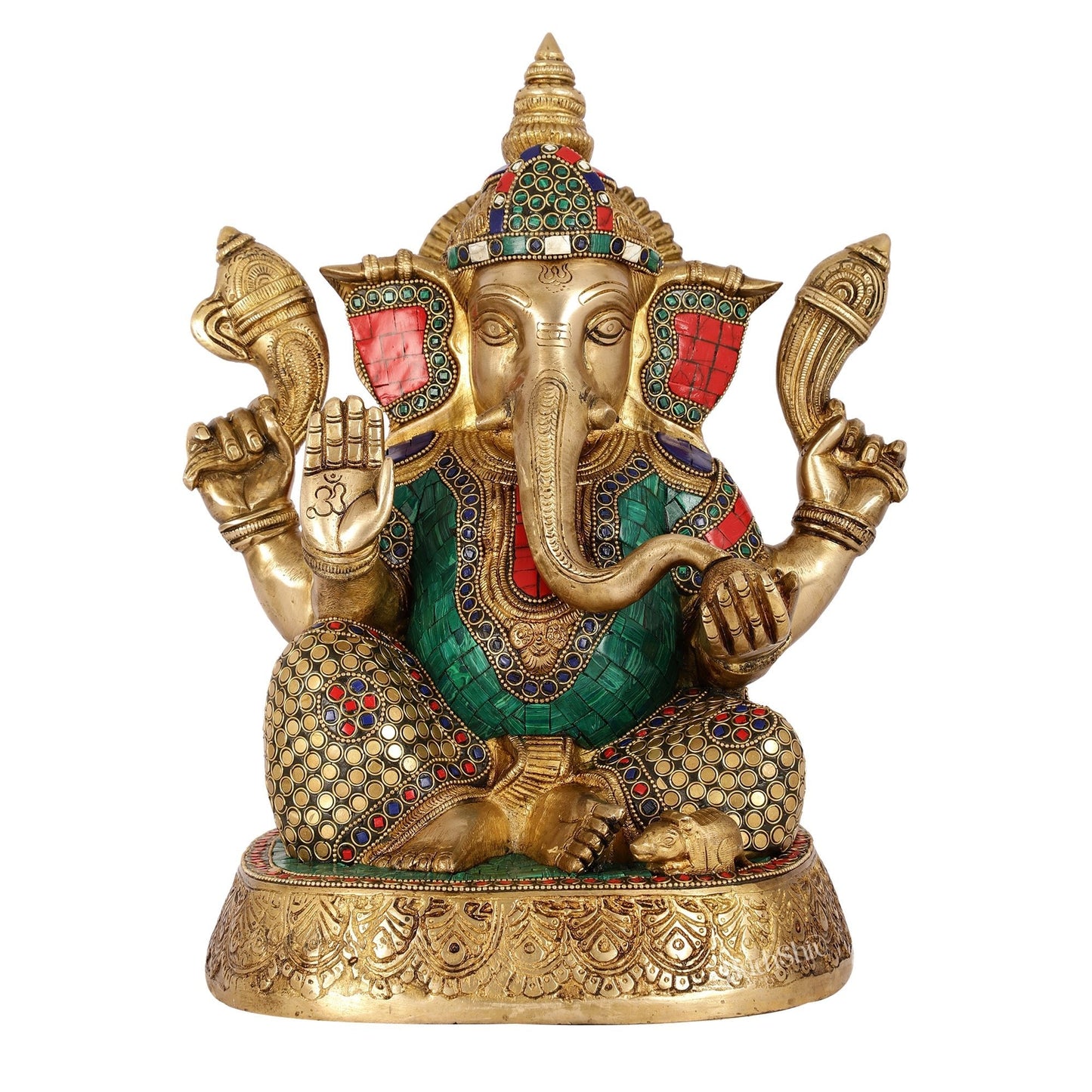 Brass Handcrafted Lord Ganesha Statue with Stonework | 15" Height