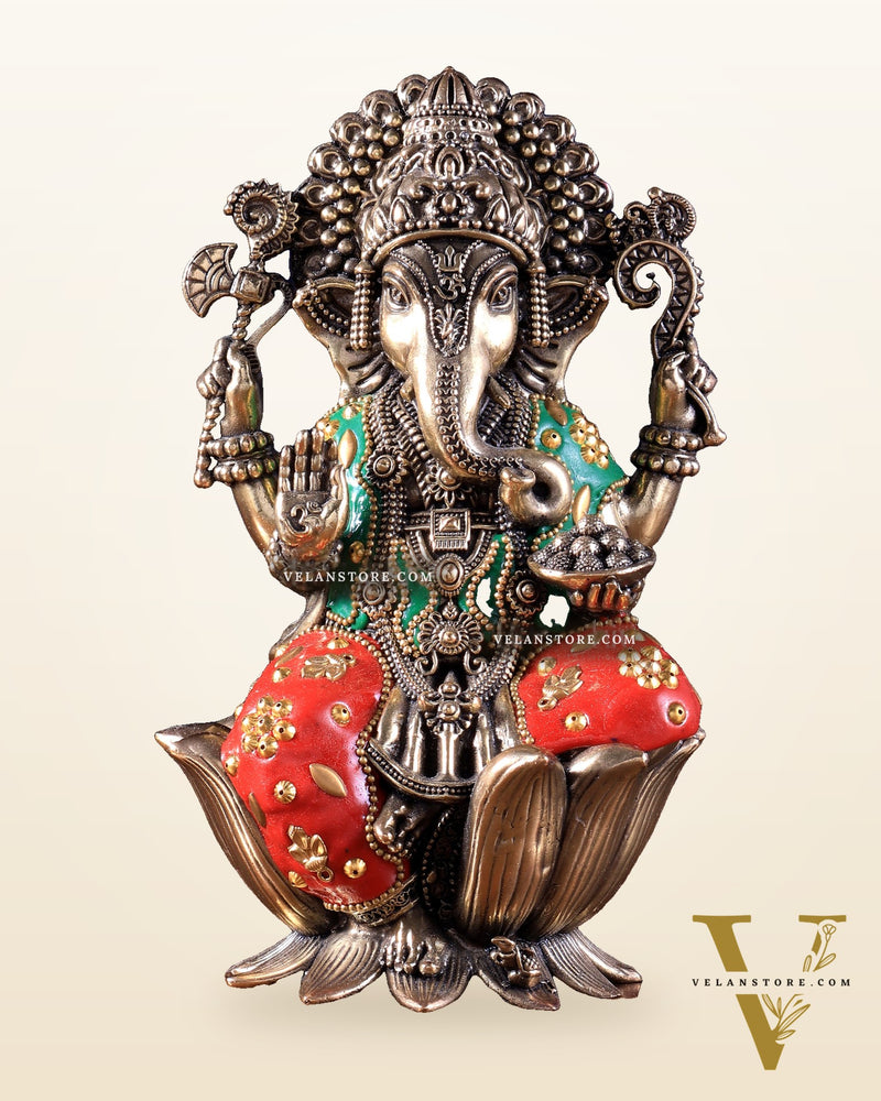 Exquisite Brass Idol of Lord Ganesha | 8 Inch meenakari