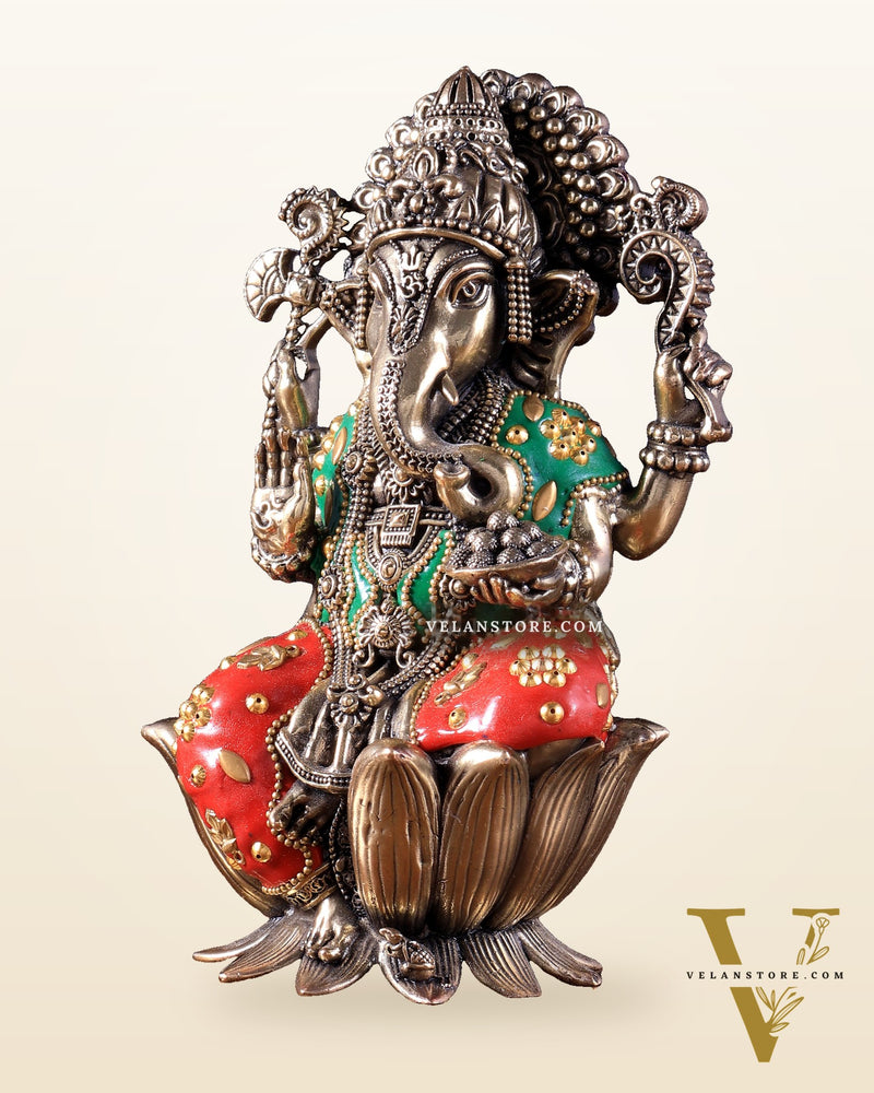 Exquisite Brass Idol of Lord Ganesha | 8 Inch meenakari