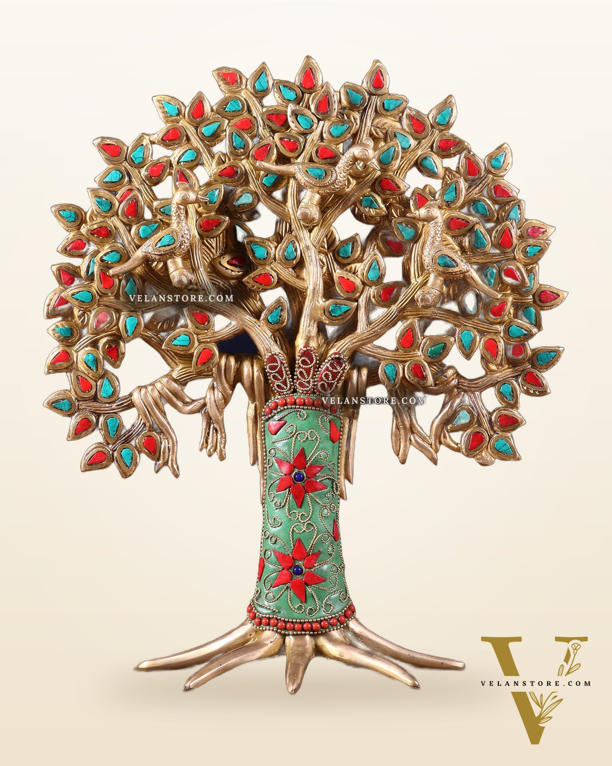 Exquisite Brass Kalpavriksha Tree of Life Showpiece - Table Standing | Height 12" with stonework