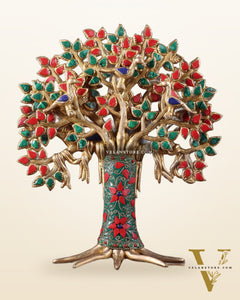 Exquisite Brass Kalpavriksha Tree of Life Showpiece - Table Standing | Height 12" with stonework