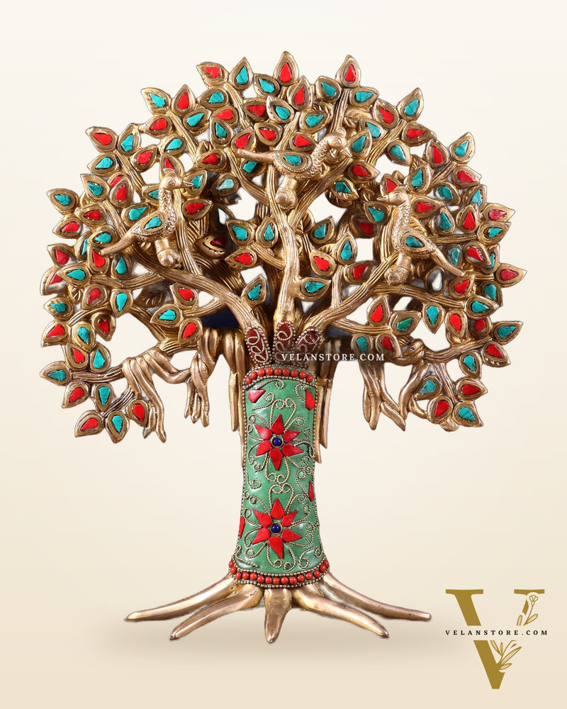 Exquisite Brass Kalpavriksha Tree of Life Showpiece - Table Standing | Height 12" with stonework