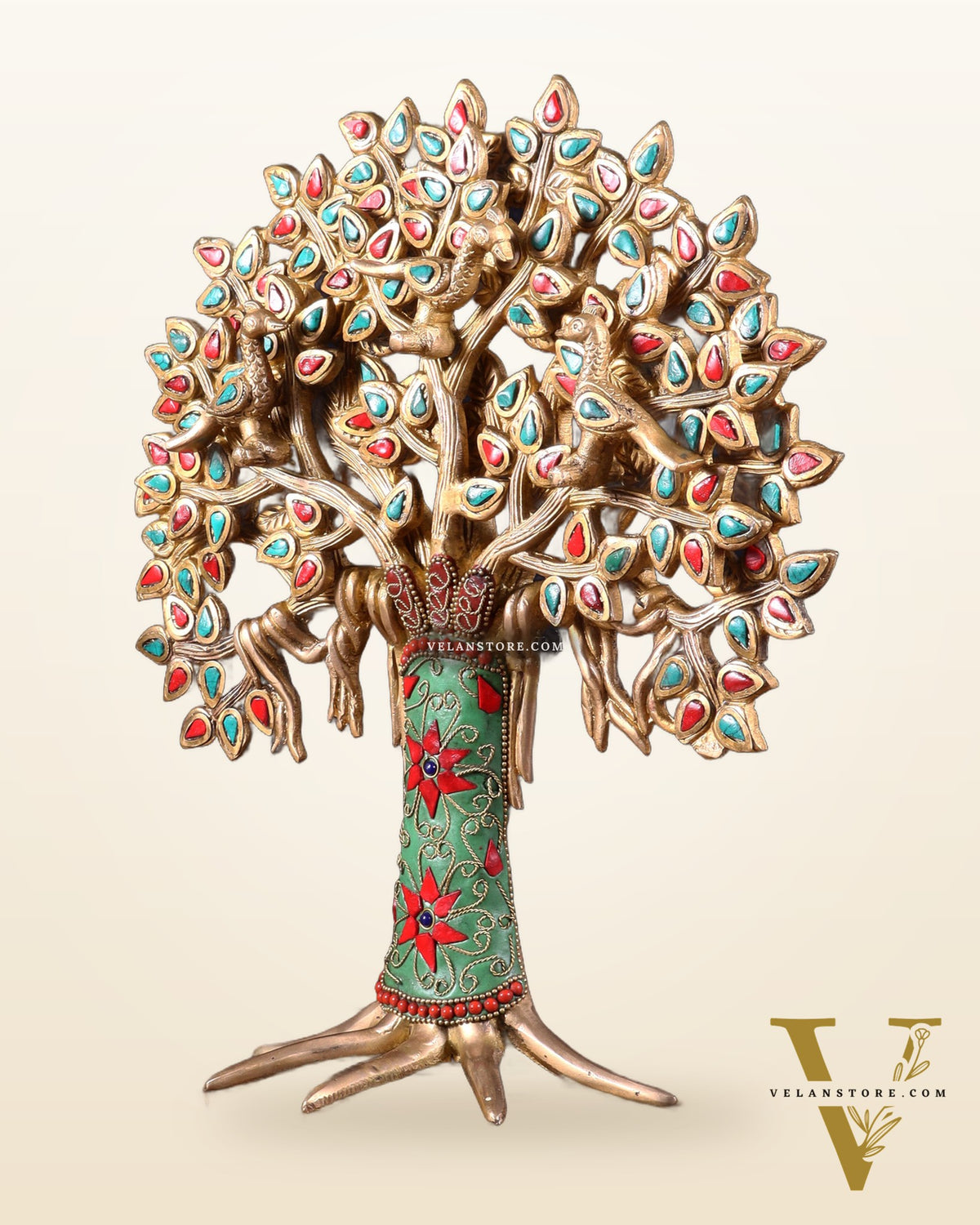 Exquisite Brass Kalpavriksha Tree of Life Showpiece - Table Standing | Height 12" with stonework