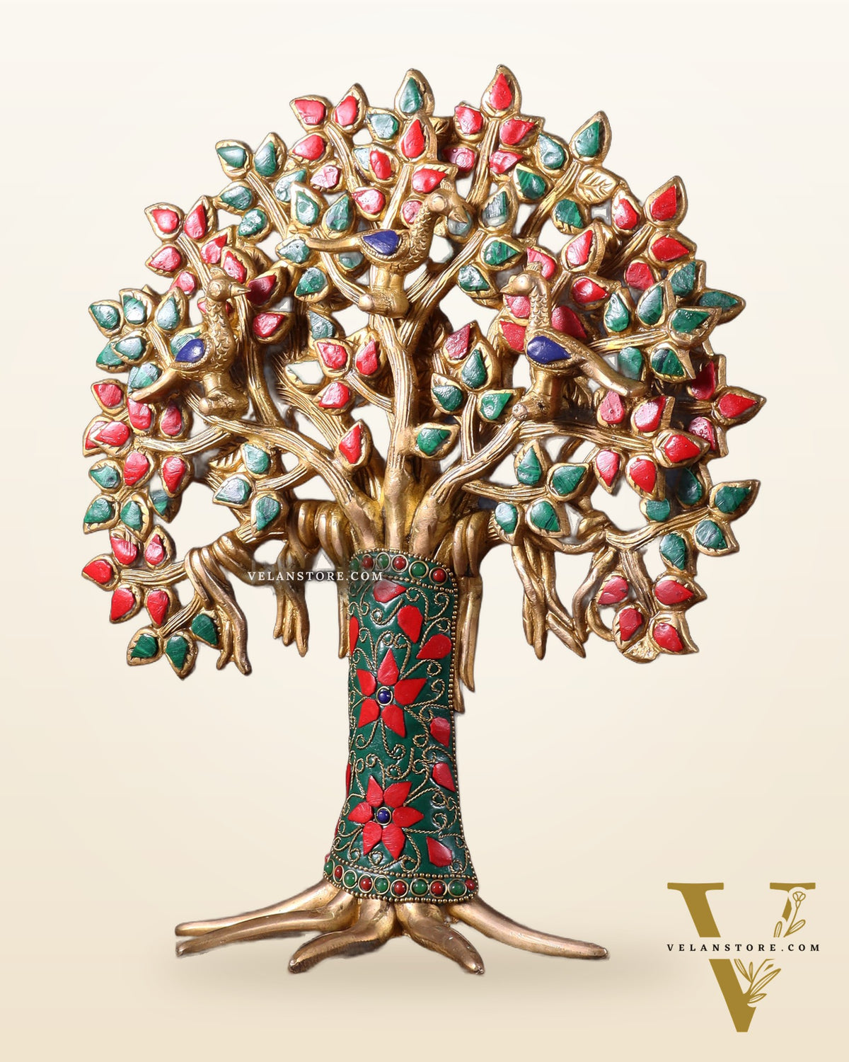 Exquisite Brass Kalpavriksha Tree of Life Showpiece - Table Standing | Height 12" with stonework