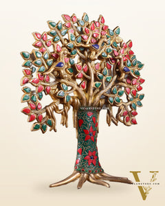 Exquisite Brass Kalpavriksha Tree of Life Showpiece - Table Standing | Height 12" with stonework