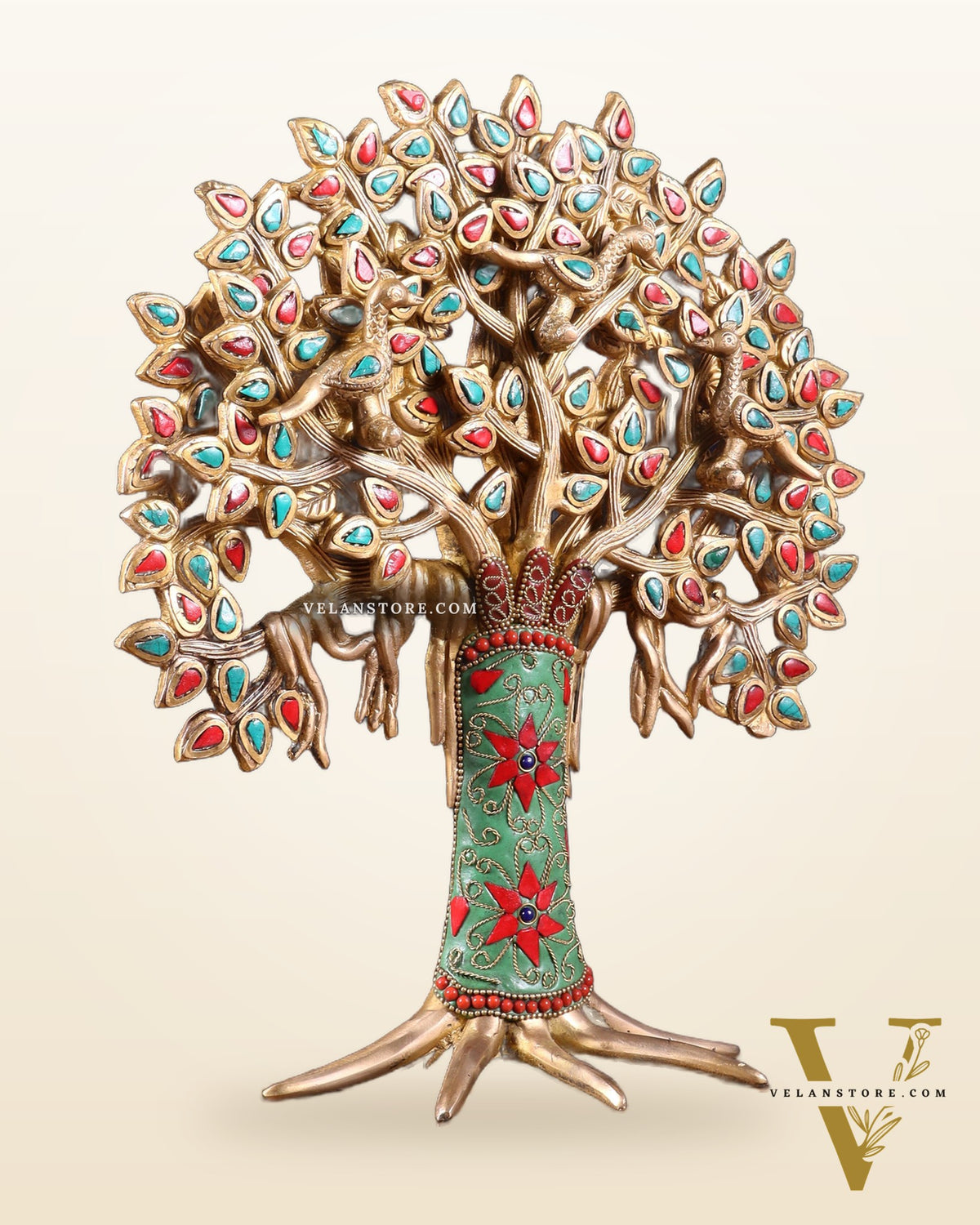 Exquisite Brass Kalpavriksha Tree of Life Showpiece - Table Standing | Height 12" with stonework