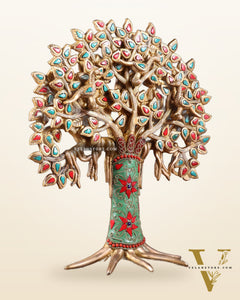 Exquisite Brass Kalpavriksha Tree of Life Showpiece - Table Standing | Height 12" with stonework