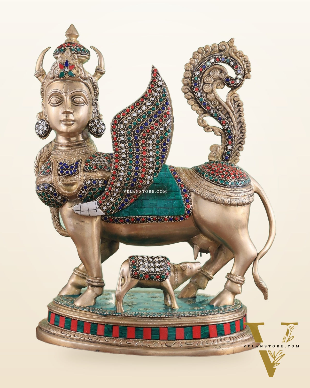 Exquisite Brass Kamdhenu Cow with calf Statue | 16.5" glossy