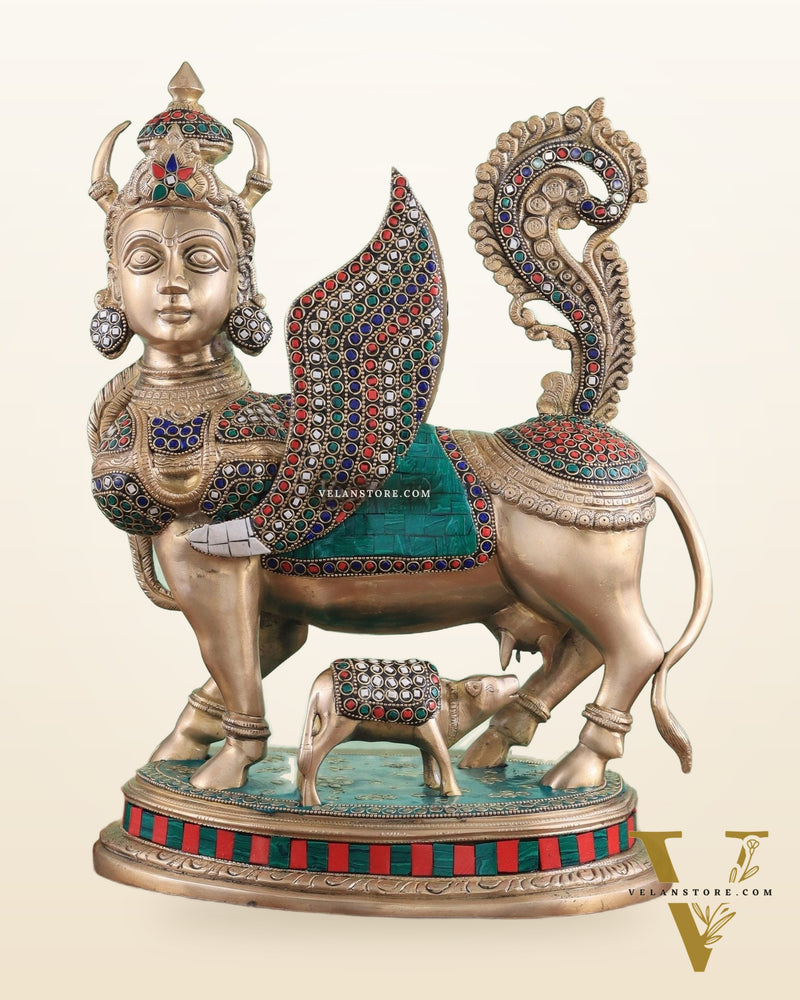 Exquisite Brass Kamdhenu Cow with calf Statue | 16.5" glossy